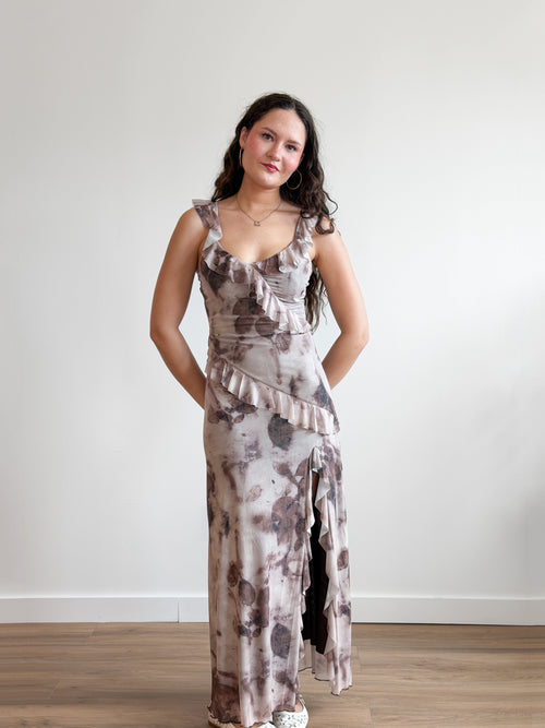 Florence Lilac Abstract Print Ruffle Mesh Maxi Dress