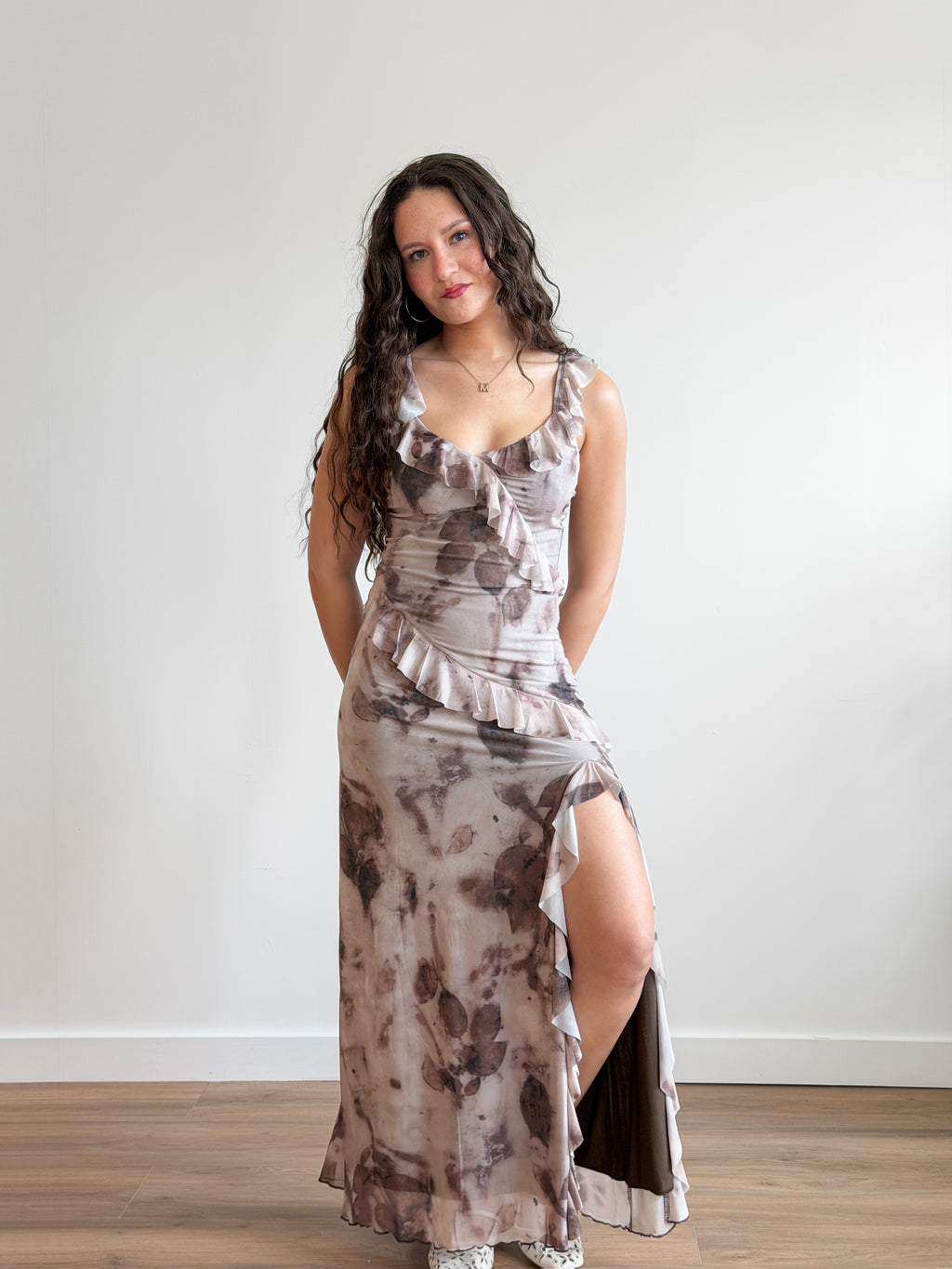 Florence Lilac Abstract Print Ruffle Mesh Maxi Dress