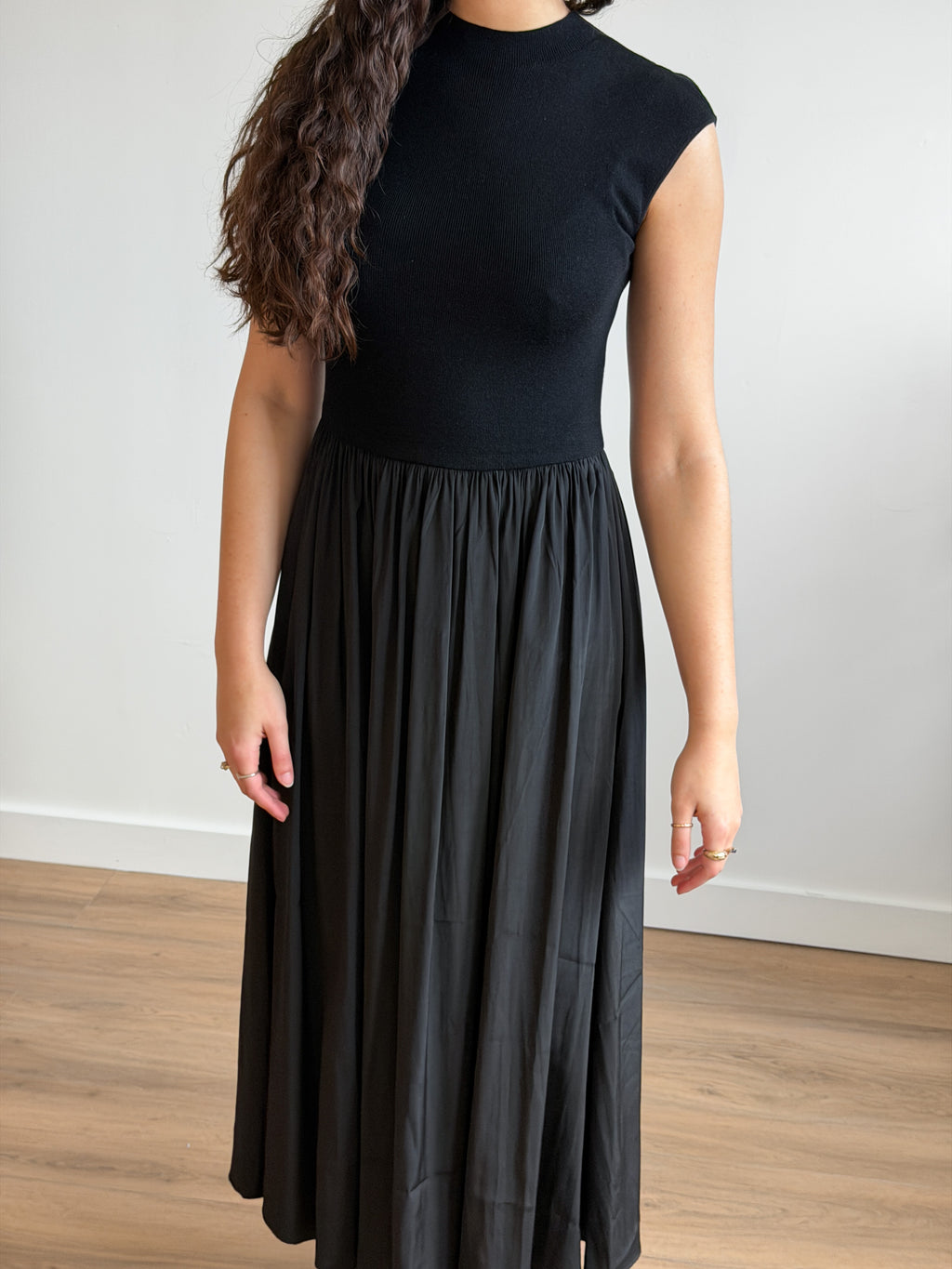Francesca Black Ribbed Knit Drop Waist Midi Dress