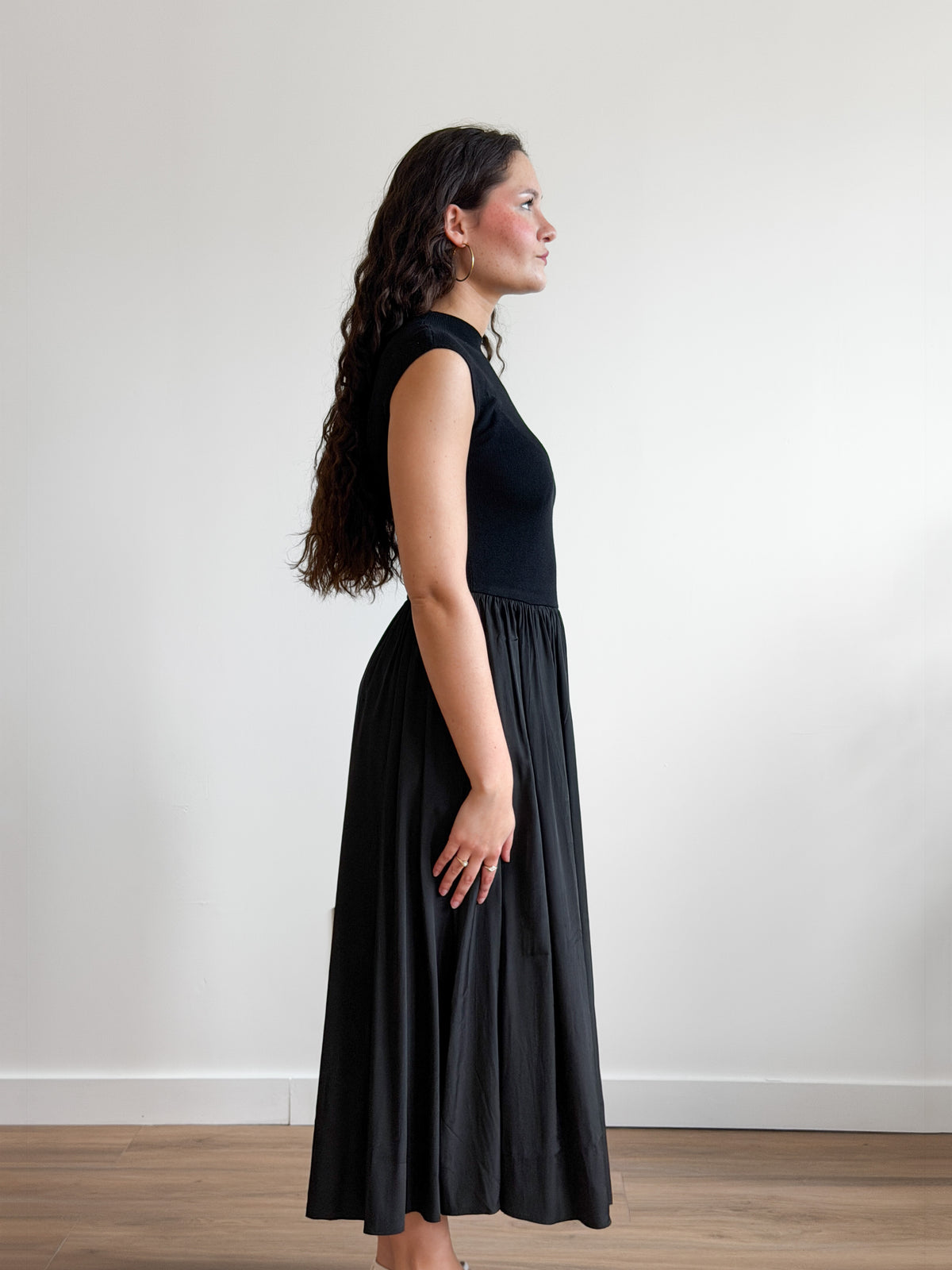 Francesca Black Ribbed Knit Drop Waist Midi Dress