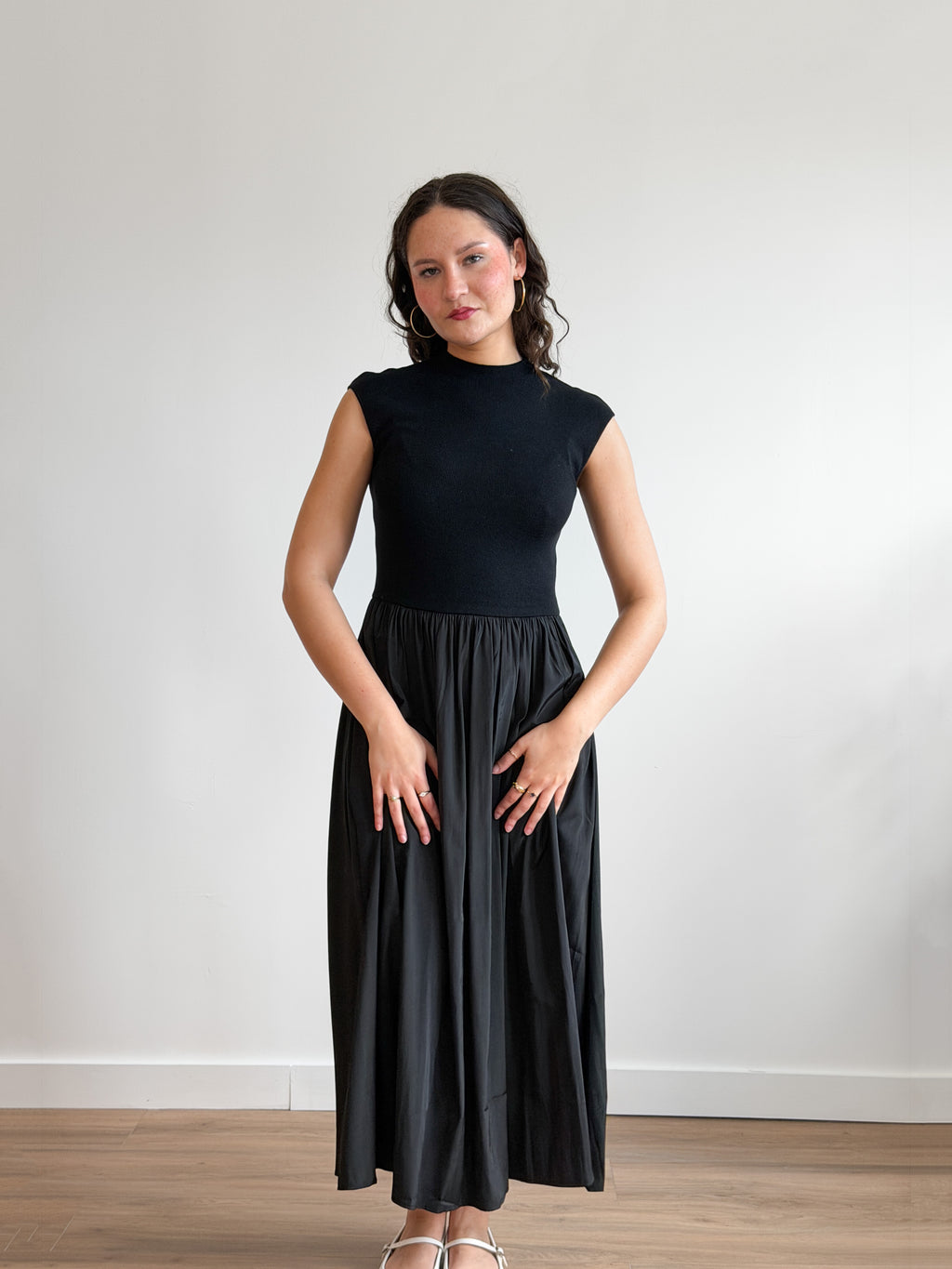 Francesca Black Ribbed Knit Drop Waist Midi Dress