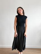 Francesca Black Ribbed Knit Drop Waist Midi Dress