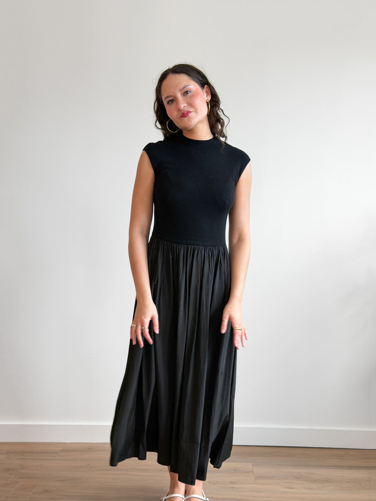 Francesca Black Ribbed Knit Drop Waist Midi Dress