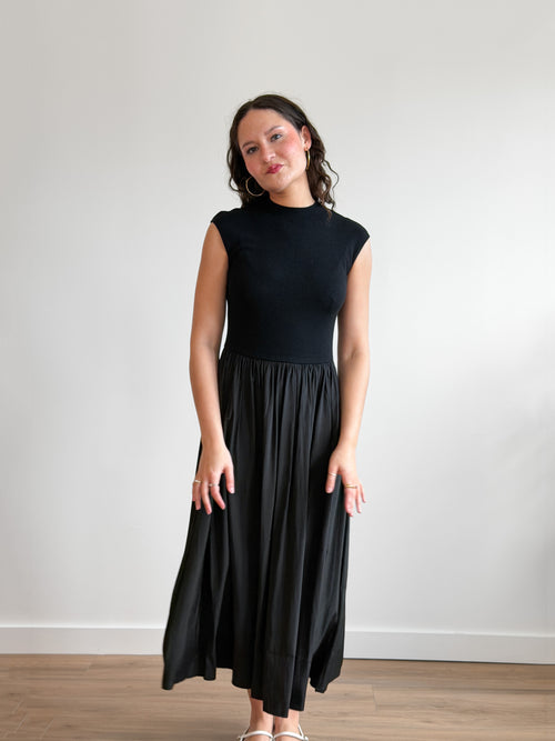 Francesca Black Ribbed Knit Drop Waist Midi Dress