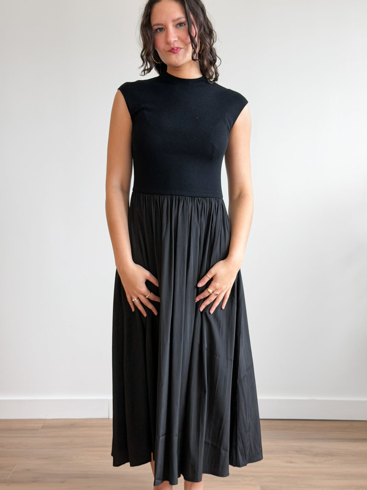 Francesca Black Ribbed Knit Drop Waist Midi Dress