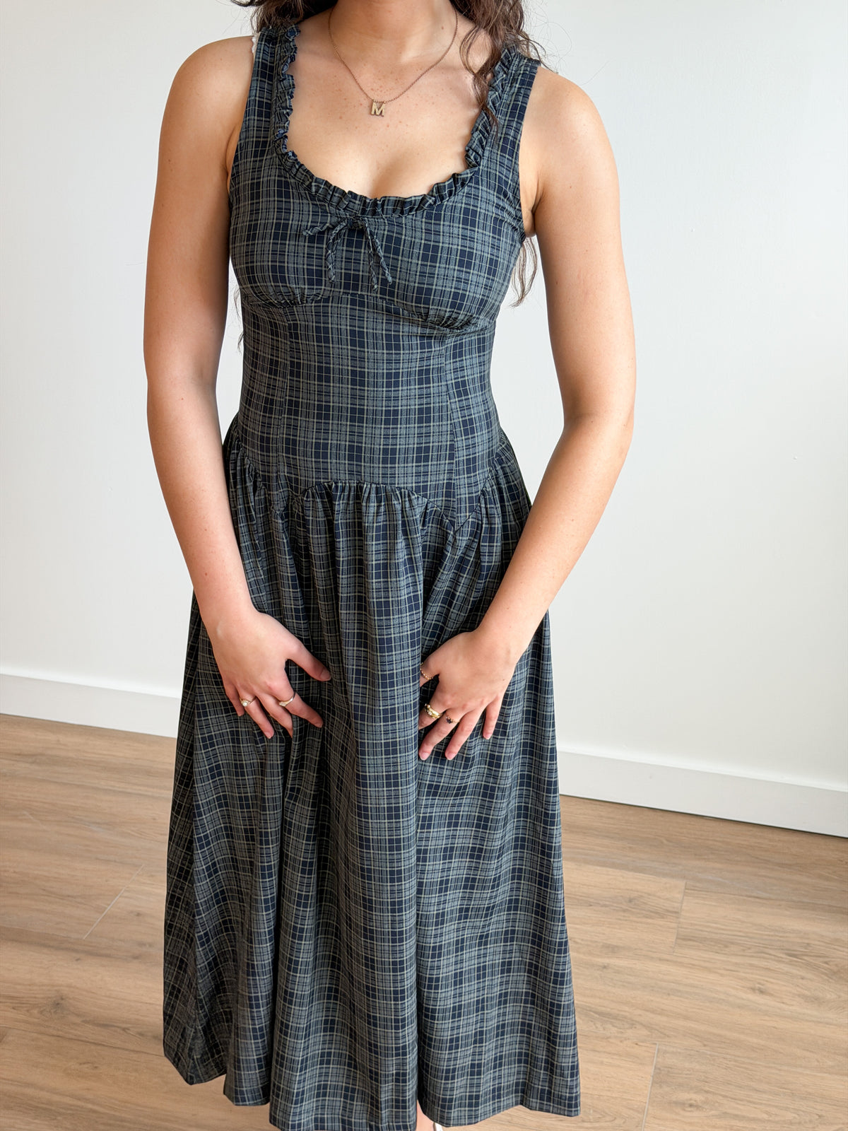 Frances Navy Plaid Drop Waist Ruffle Midi Dress