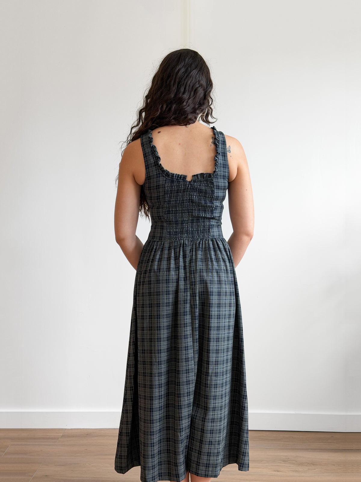 Frances Navy Plaid Drop Waist Ruffle Midi Dress