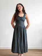 Frances Navy Plaid Drop Waist Ruffle Midi Dress