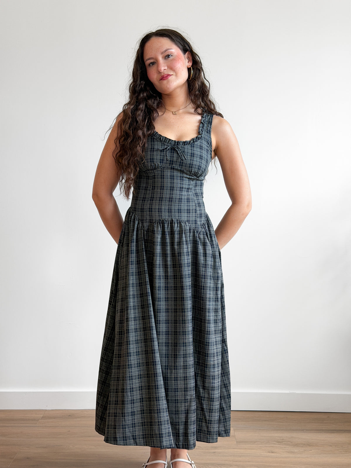 Frances Navy Plaid Drop Waist Ruffle Midi Dress