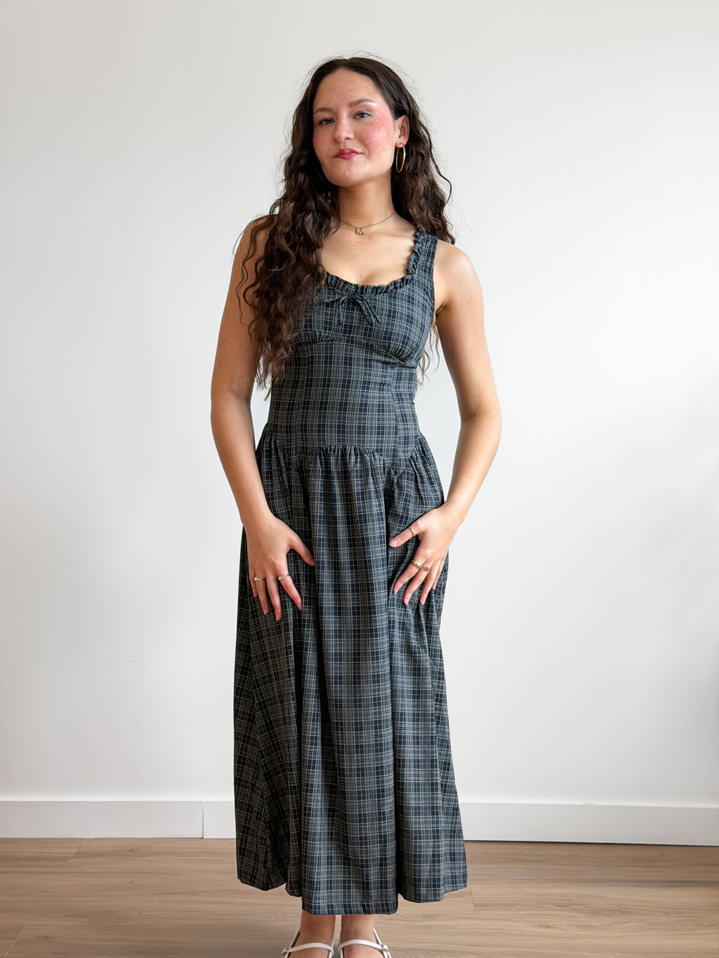 Frances Navy Plaid Drop Waist Ruffle Midi Dress