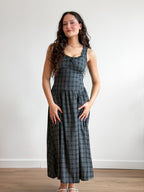 Frances Navy Plaid Drop Waist Ruffle Midi Dress