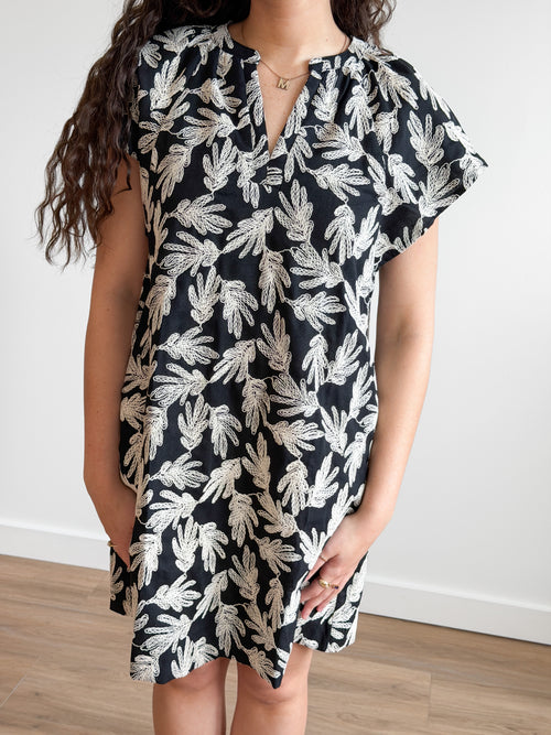 PINCH Karter Black Floral Embroidered Linen Mini Dress