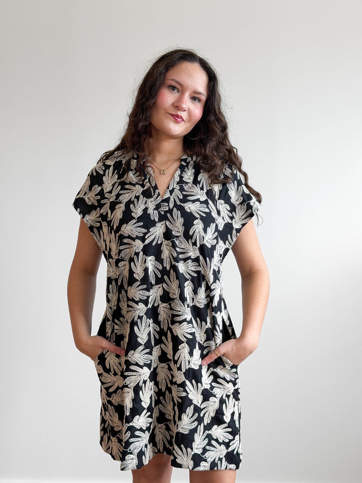 PINCH Karter Black Floral Embroidered Linen Mini Dress