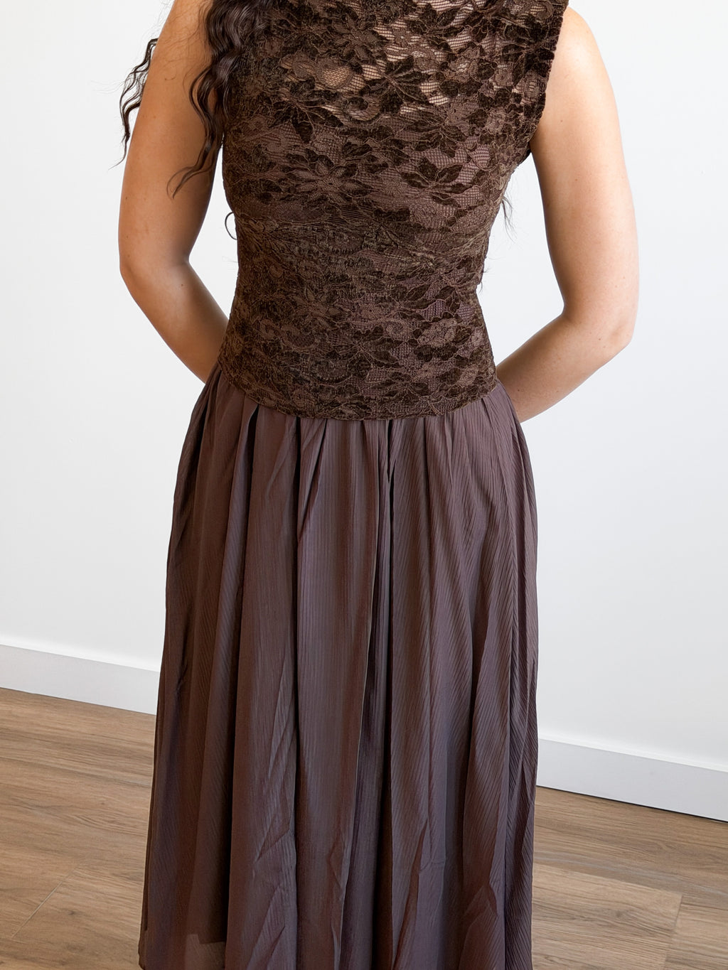 Gianna Brown Velvet Floral Mixed Media Midi Dress