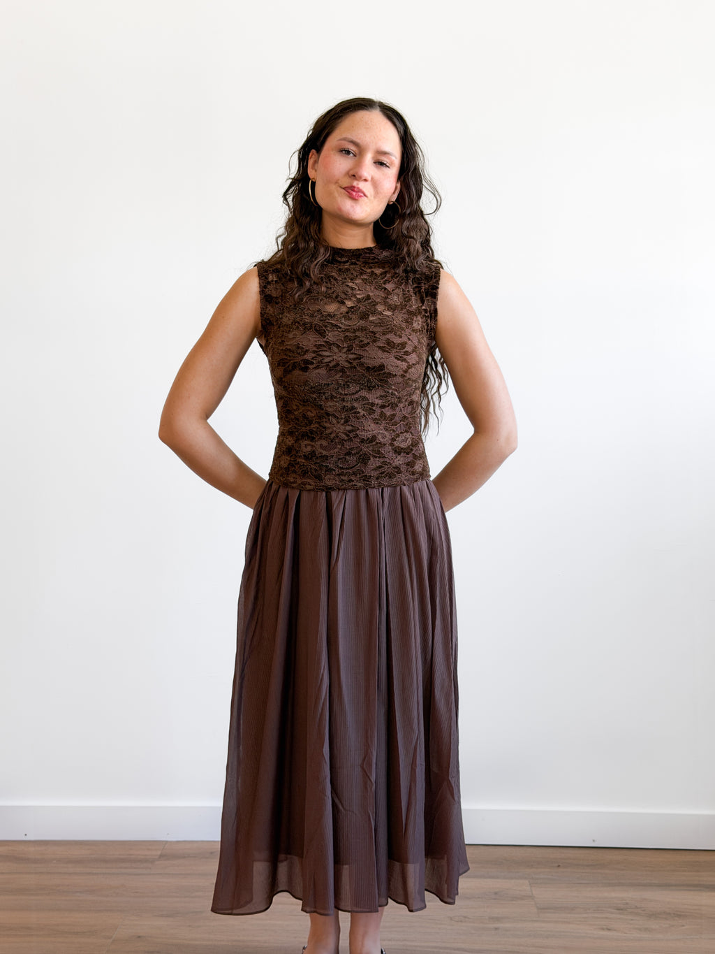 Gianna Brown Velvet Floral Mixed Media Midi Dress