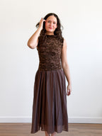 Gianna Brown Velvet Floral Mixed Media Midi Dress