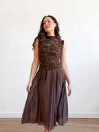 Gianna Brown Velvet Floral Mixed Media Midi Dress