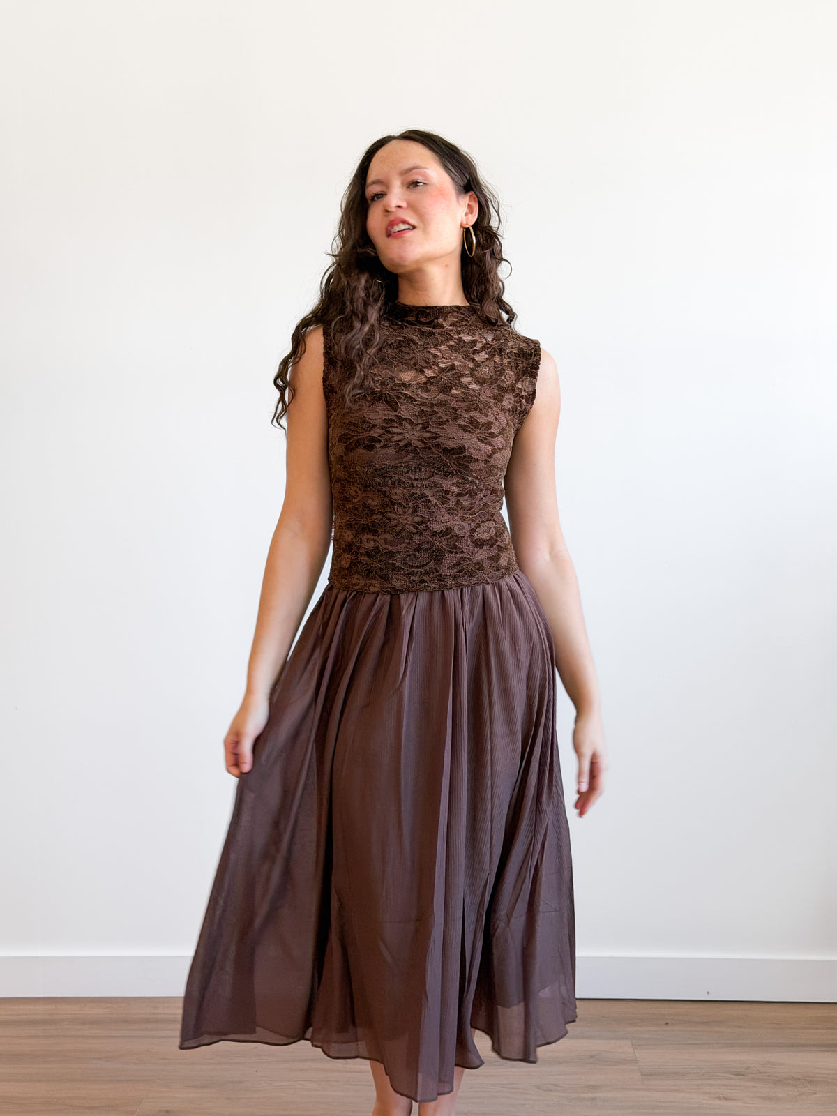 Gianna Brown Velvet Floral Mixed Media Midi Dress