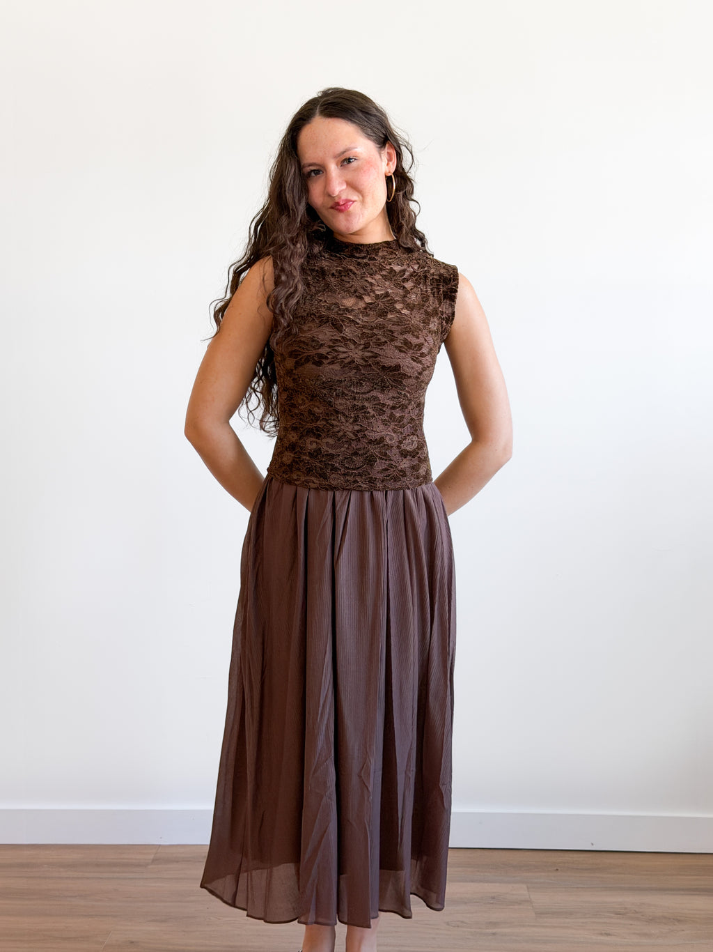 Gianna Brown Velvet Floral Mixed Media Midi Dress
