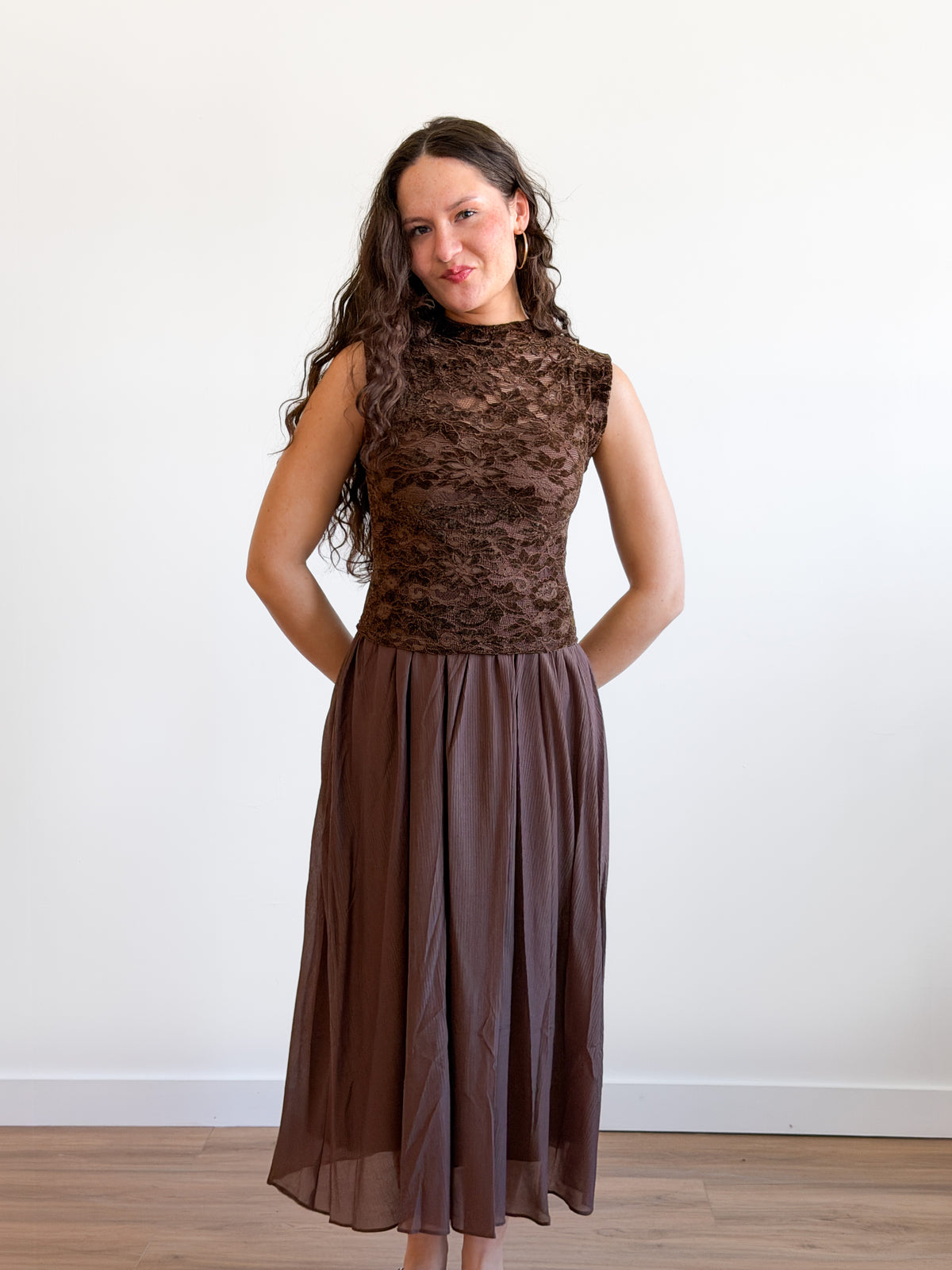Gianna Brown Velvet Floral Mixed Media Midi Dress
