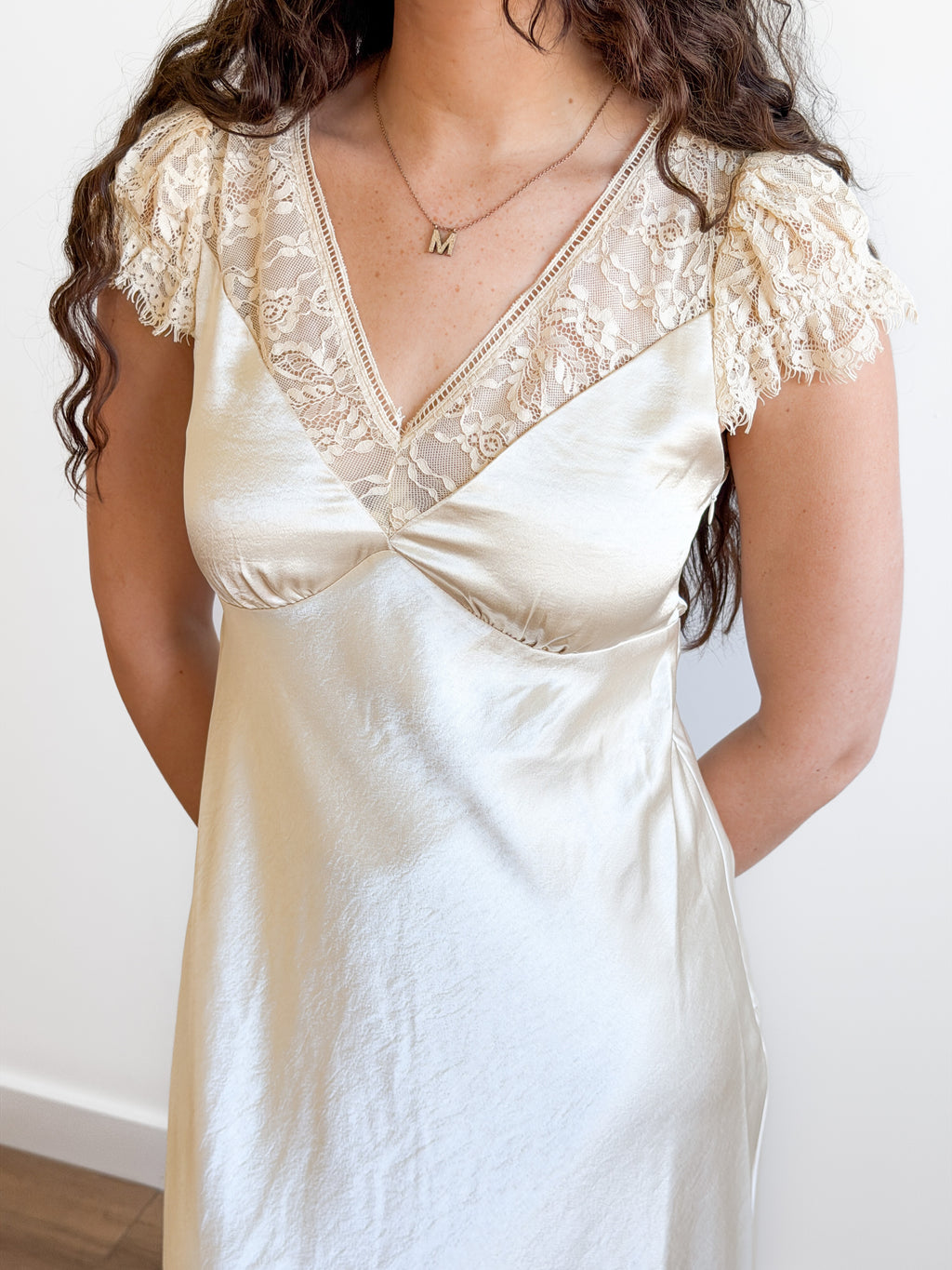 Lucy Paris Gal Cream Lace Trim Satin Tie Waist Maxi Dress