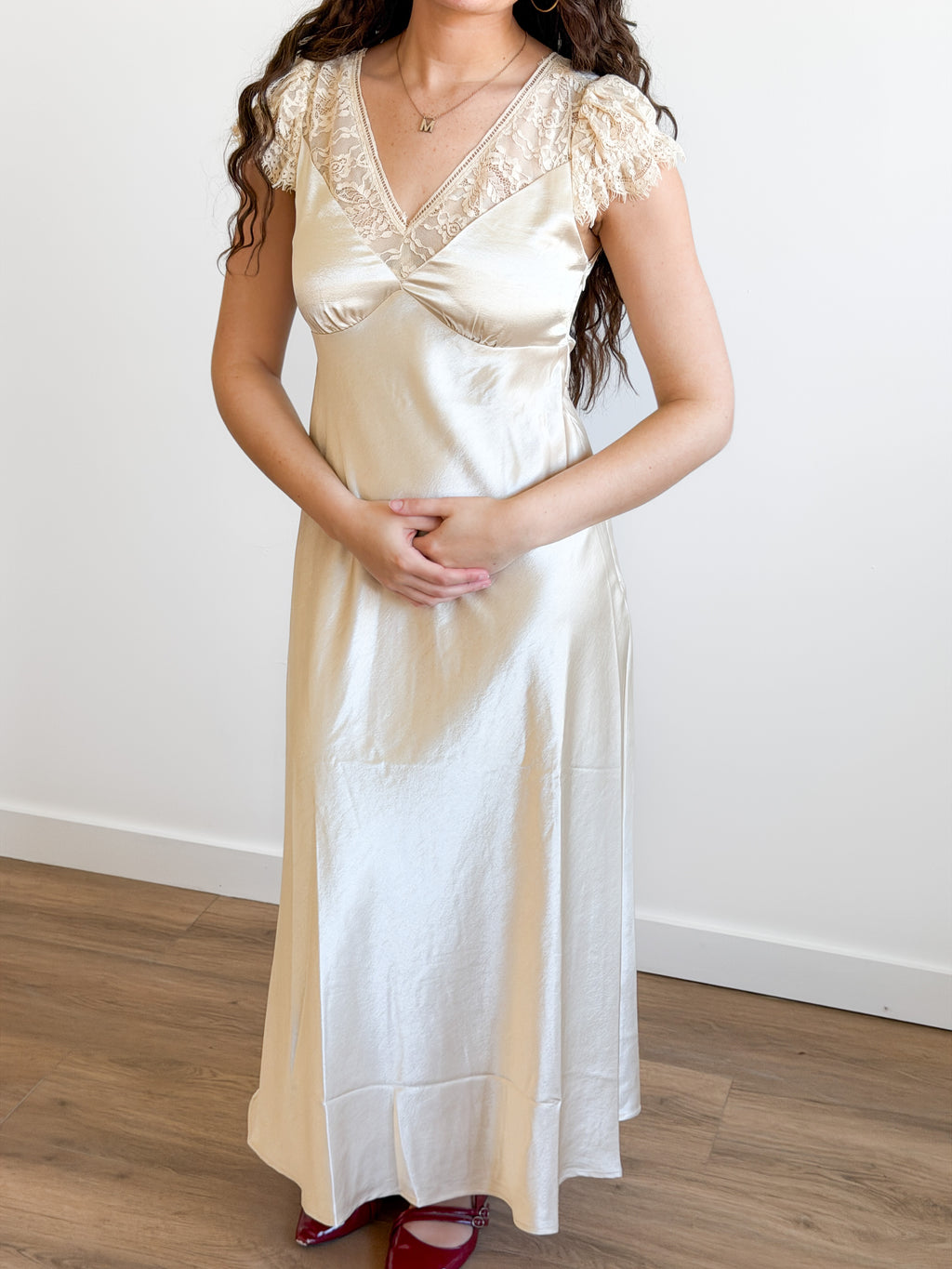 Lucy Paris Gal Cream Lace Trim Satin Tie Waist Maxi Dress