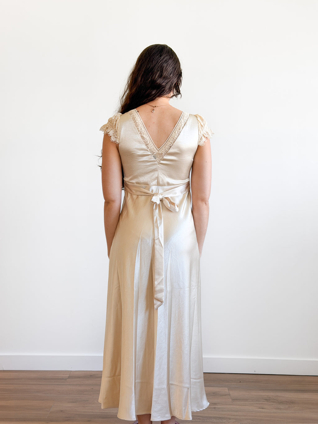 Lucy Paris Gal Cream Lace Trim Satin Tie Waist Maxi Dress