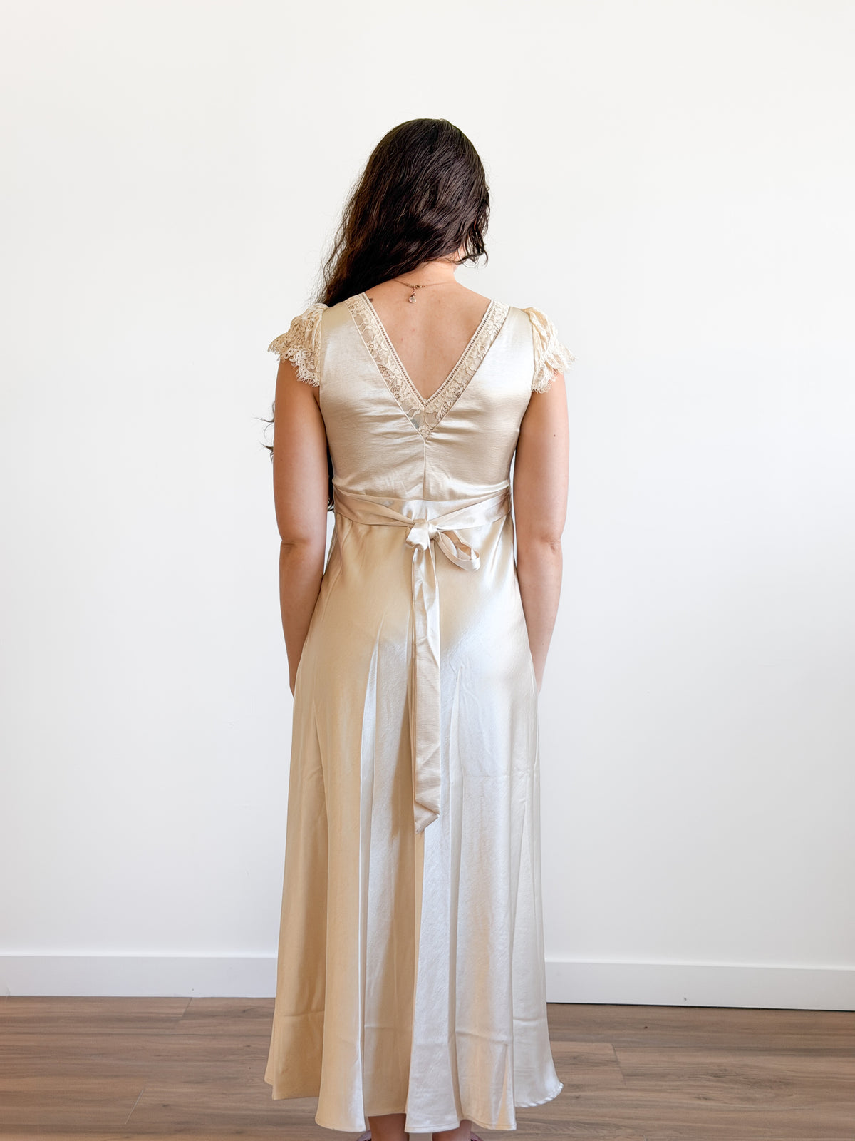 Lucy Paris Gal Cream Lace Trim Satin Tie Waist Maxi Dress