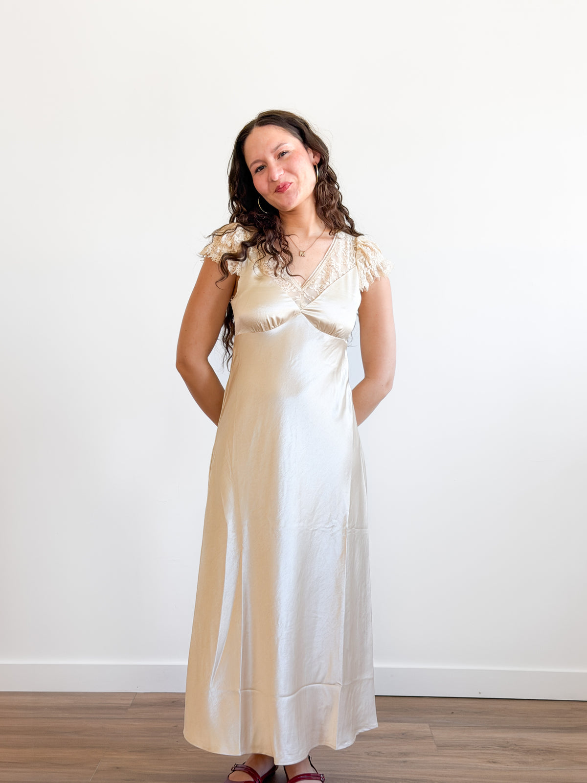 Lucy Paris Gal Cream Lace Trim Satin Tie Waist Maxi Dress