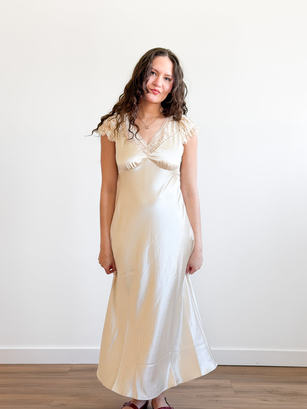 Lucy Paris Gal Cream Lace Trim Satin Tie Waist Maxi Dress
