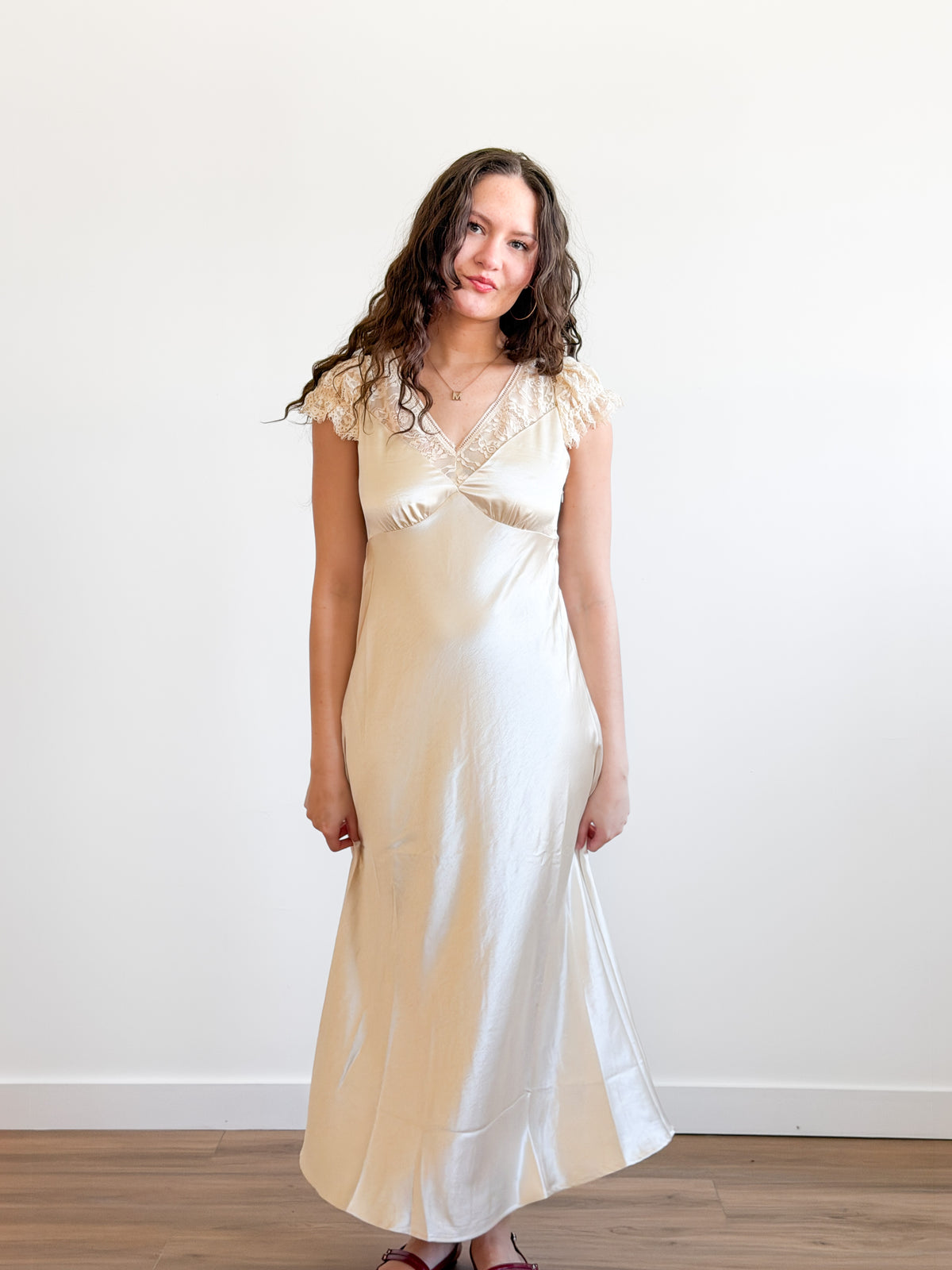 Lucy Paris Gal Cream Lace Trim Satin Tie Waist Maxi Dress