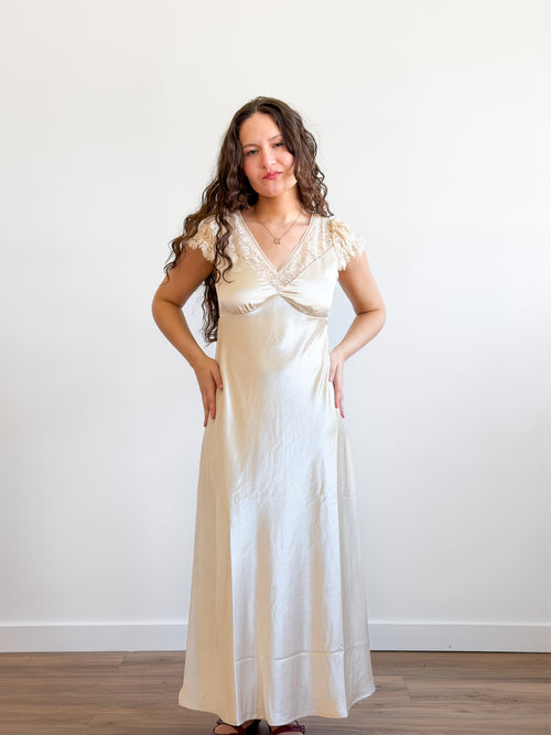 Lucy Paris Gal Cream Lace Trim Satin Tie Waist Maxi Dress