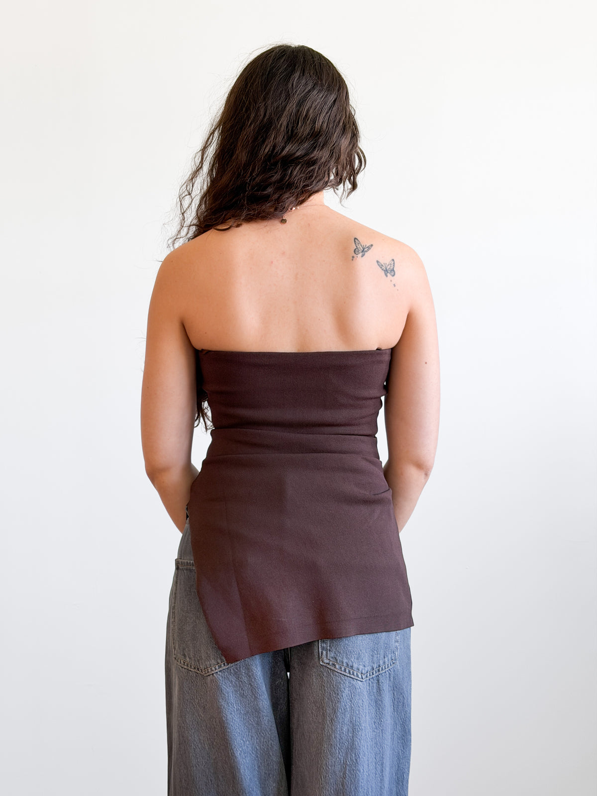 Lucy Paris Jeanie Brown Ribbed Asymmetrical Sleeveless Top