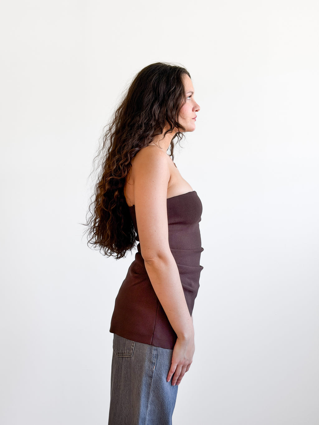 Lucy Paris Jeanie Brown Ribbed Asymmetrical Sleeveless Top