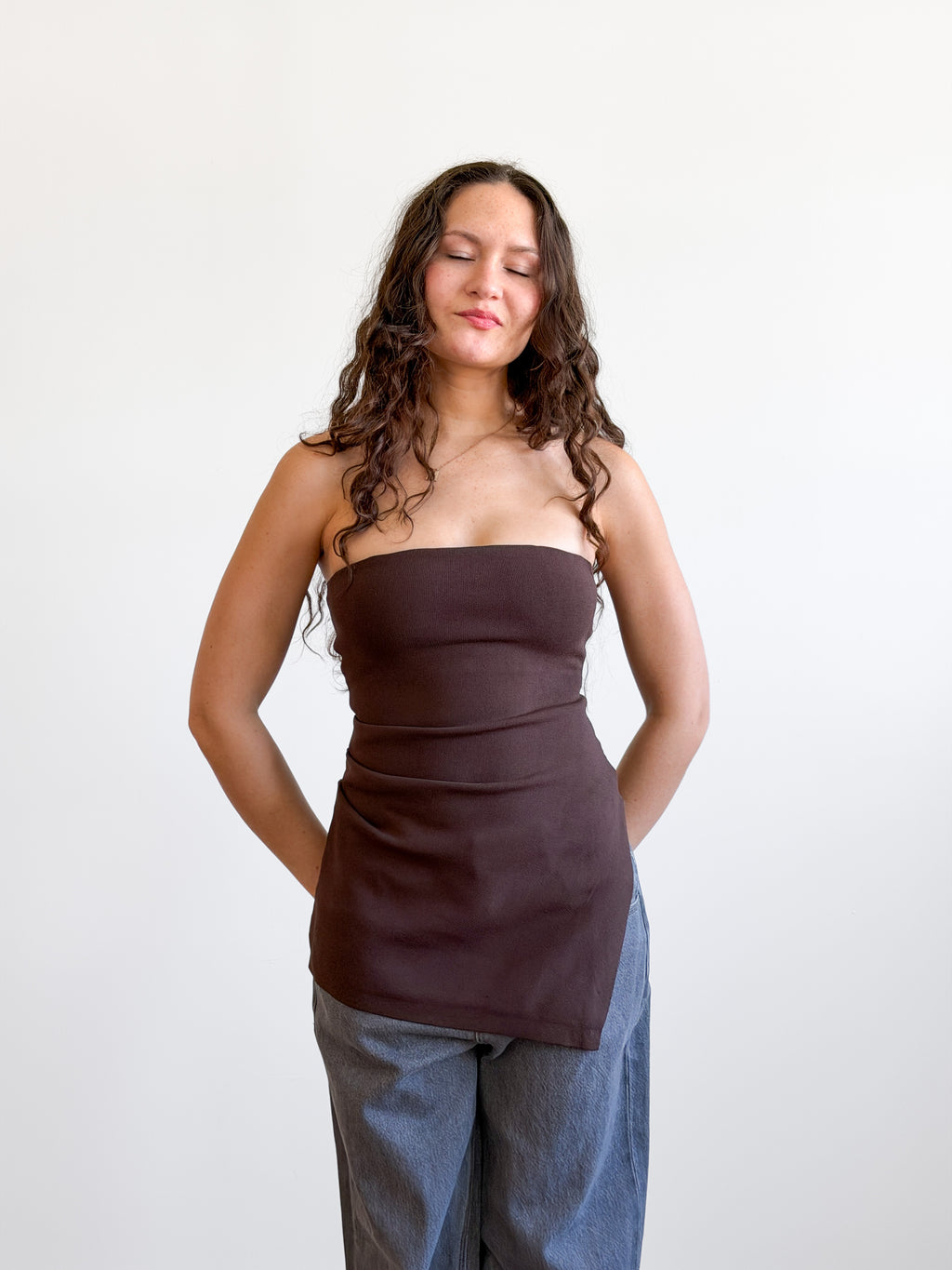 Lucy Paris Jeanie Brown Ribbed Asymmetrical Sleeveless Top