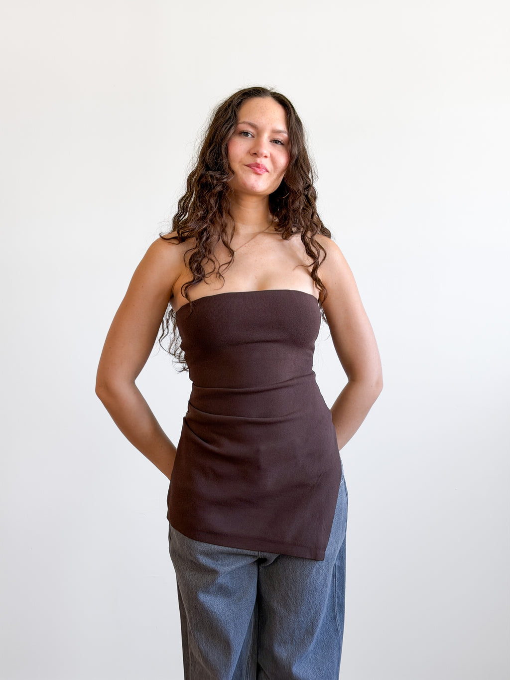 Lucy Paris Jeanie Brown Ribbed Asymmetrical Sleeveless Top