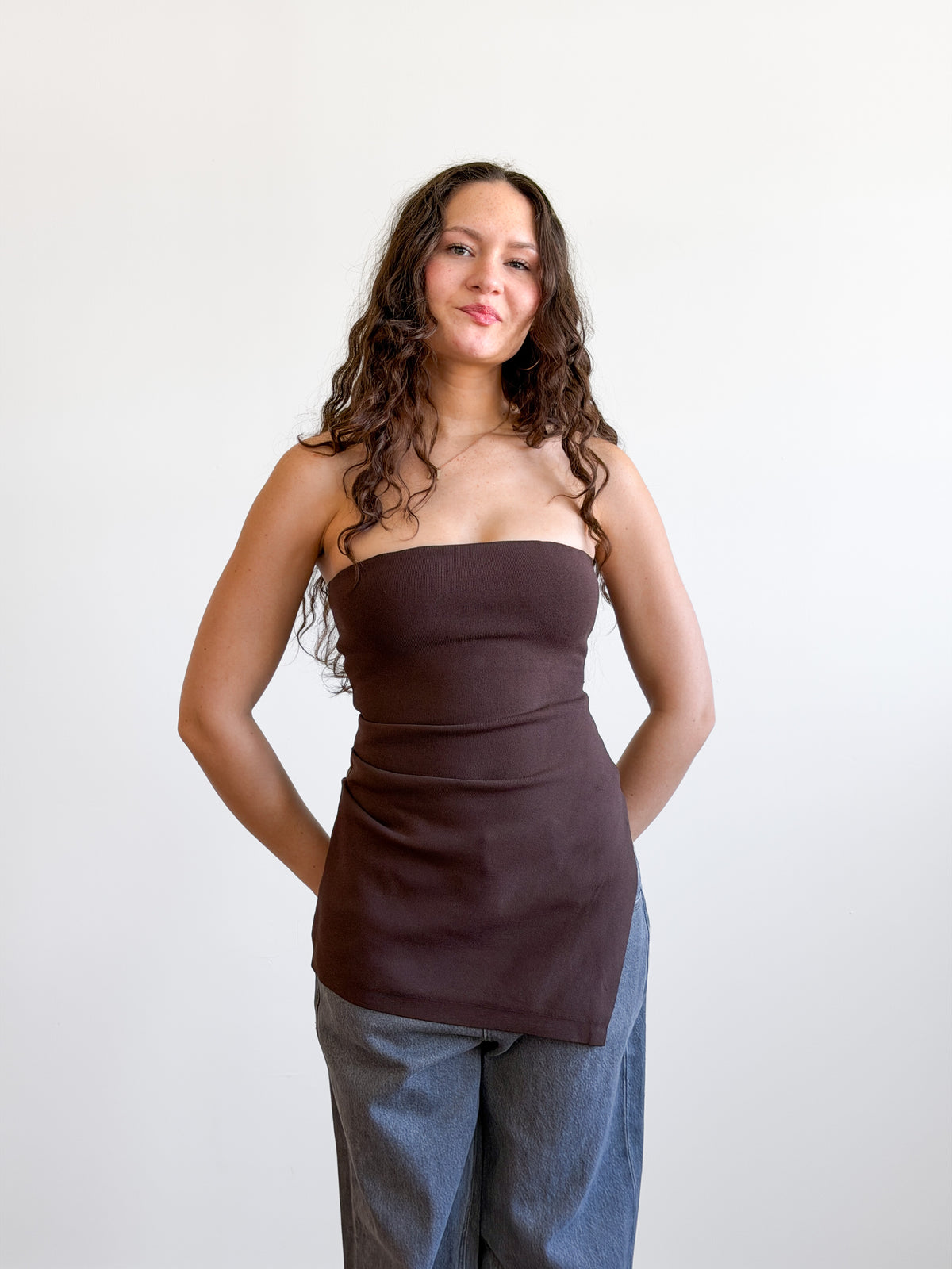 Lucy Paris Jeanie Brown Ribbed Asymmetrical Sleeveless Top