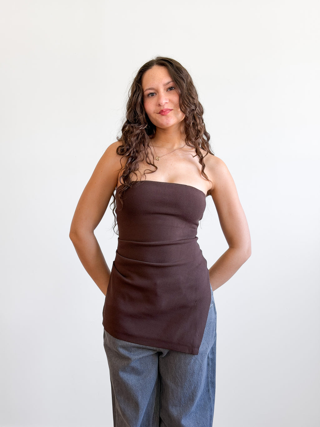Lucy Paris Jeanie Brown Ribbed Asymmetrical Sleeveless Top