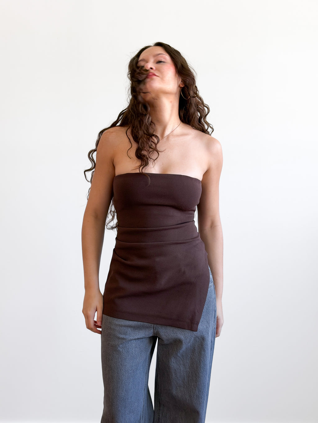 Lucy Paris Jeanie Brown Ribbed Asymmetrical Sleeveless Top
