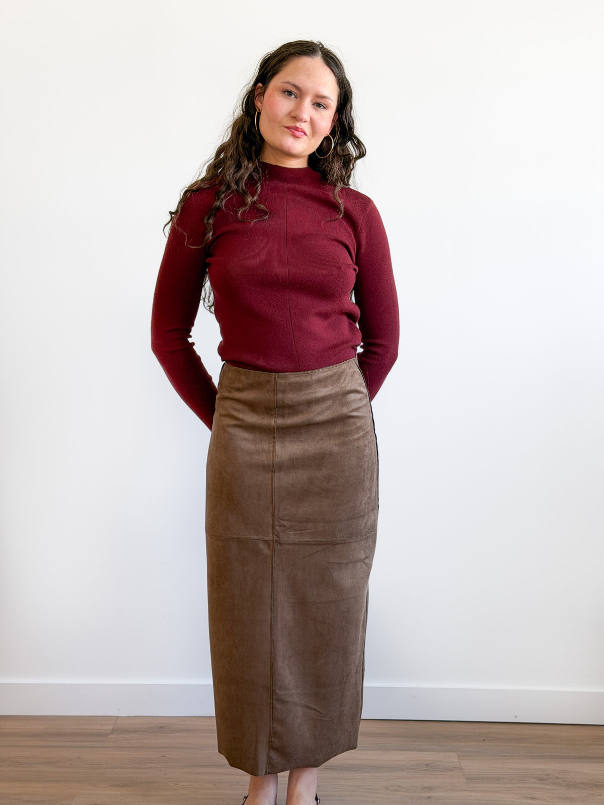 Miou Muse Gigi Brown Suede Paneled Midi Skirt