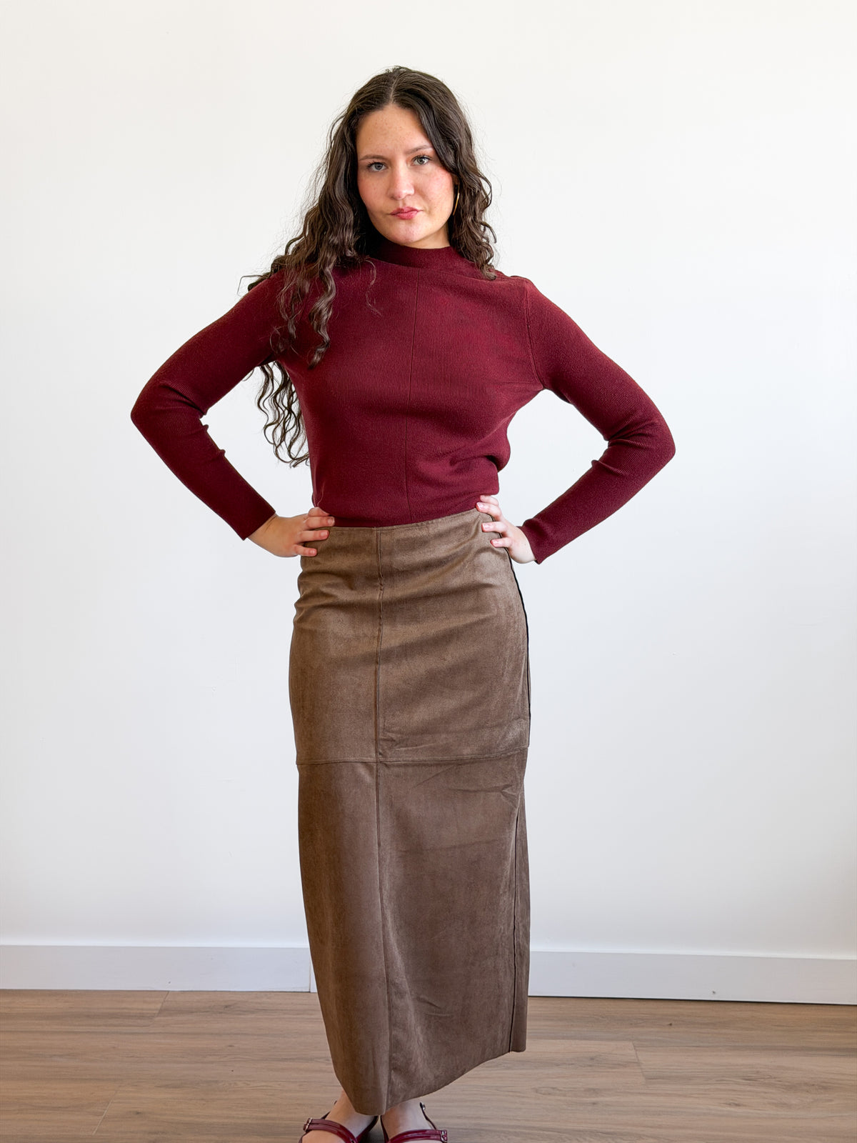 Miou Muse Gigi Brown Suede Paneled Midi Skirt
