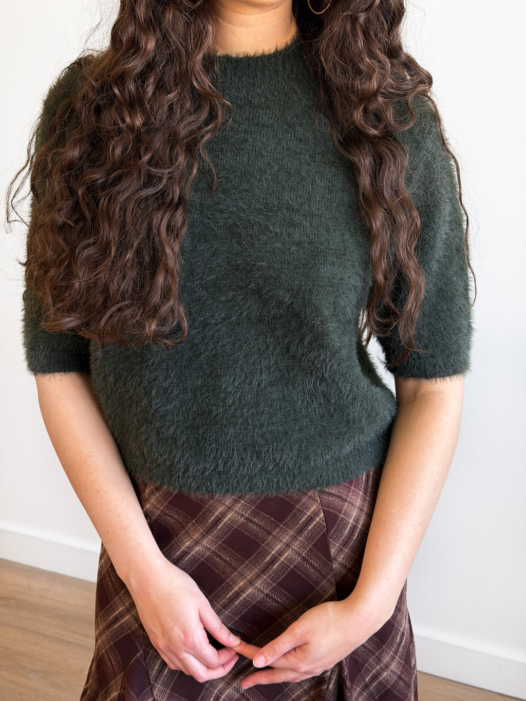 Miou Muse Ganni Faux Fur Cropped Sweater Top (Green)