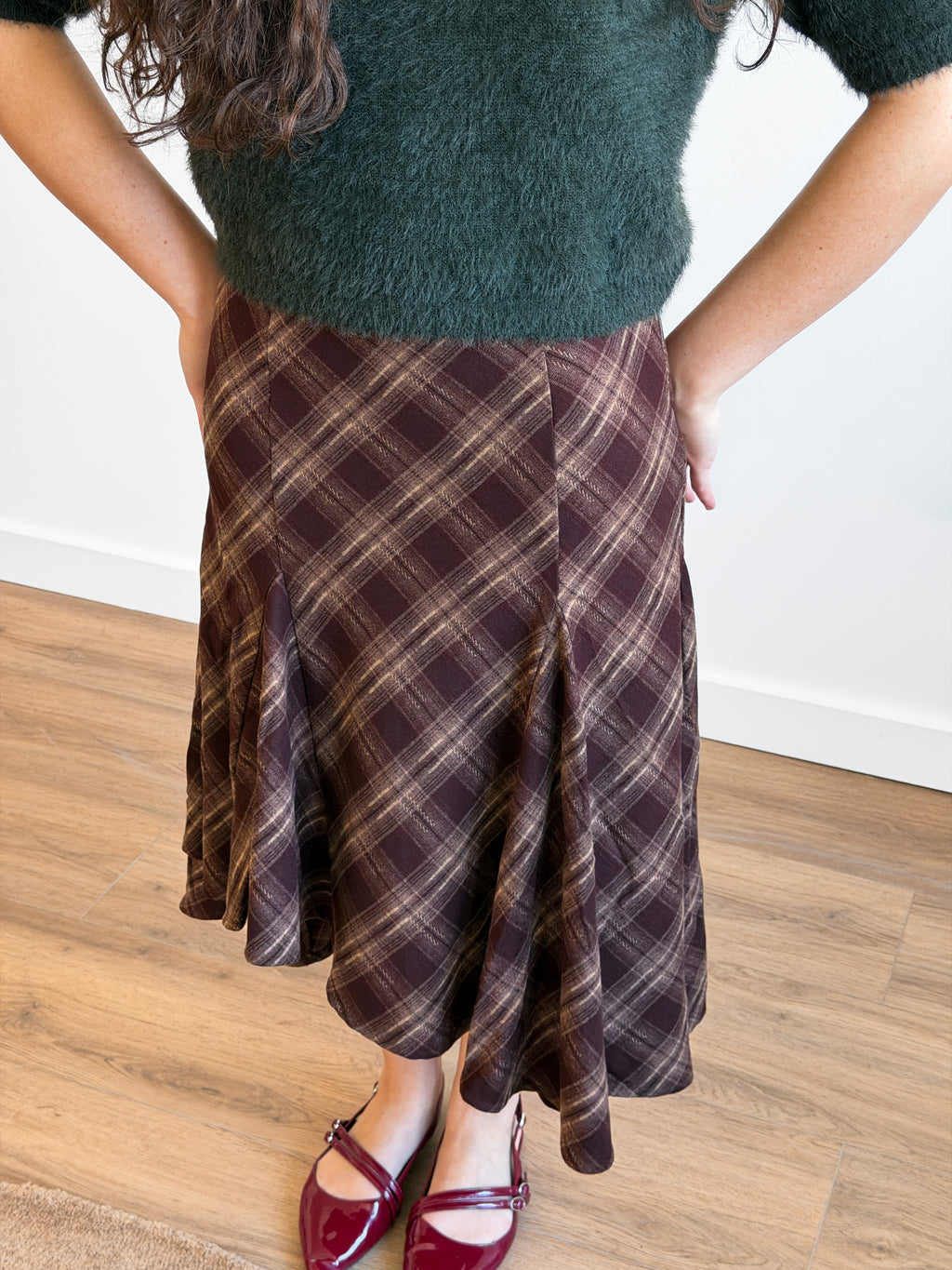 Lucy Paris Mikey Brown Plaid Asymmetrical Midi Skirt