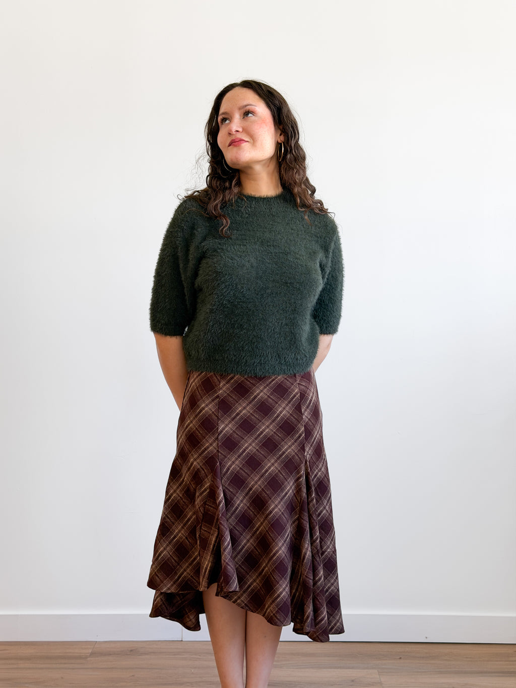 Lucy Paris Mikey Brown Plaid Asymmetrical Midi Skirt