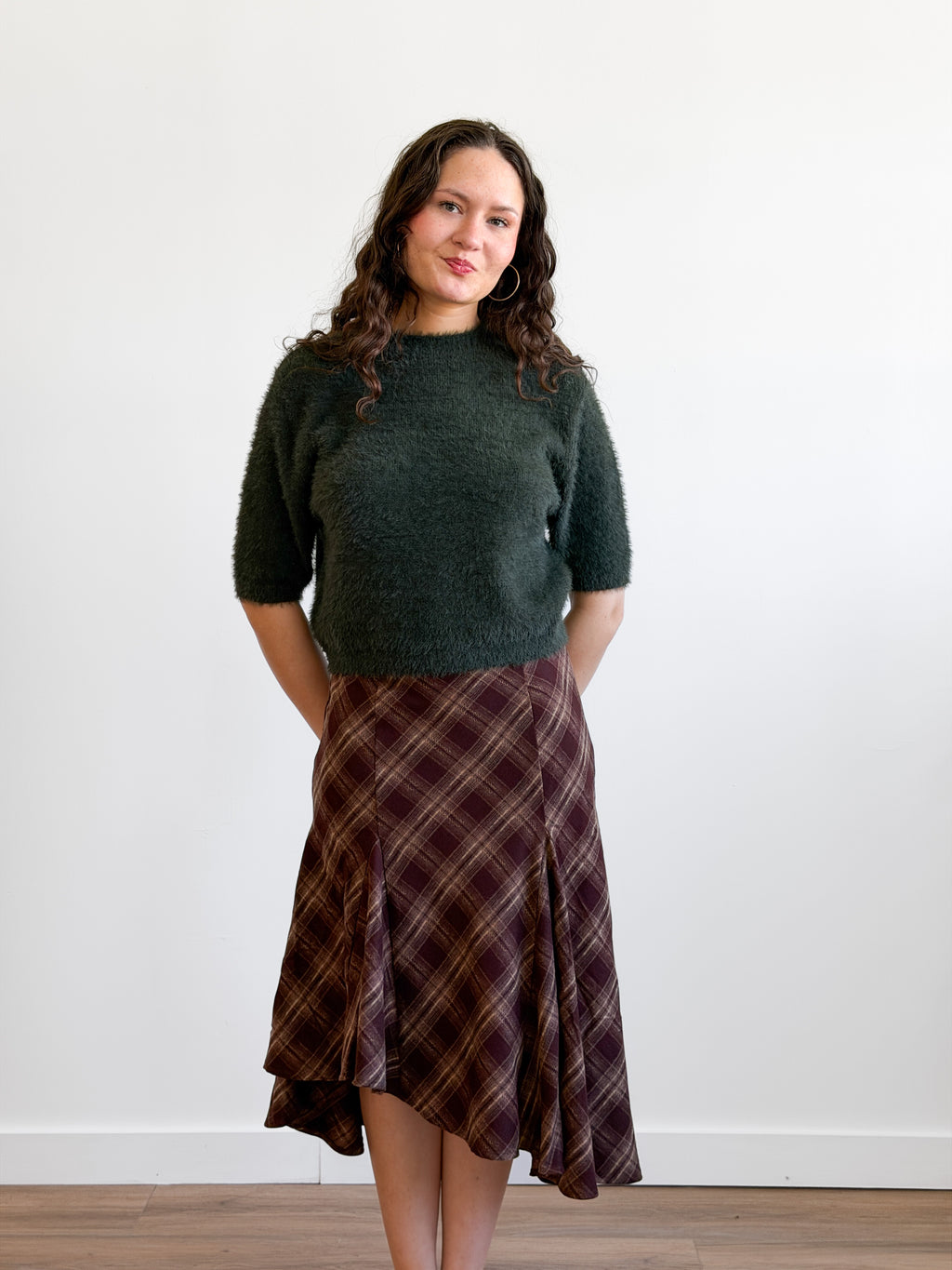 Lucy Paris Mikey Brown Plaid Asymmetrical Midi Skirt