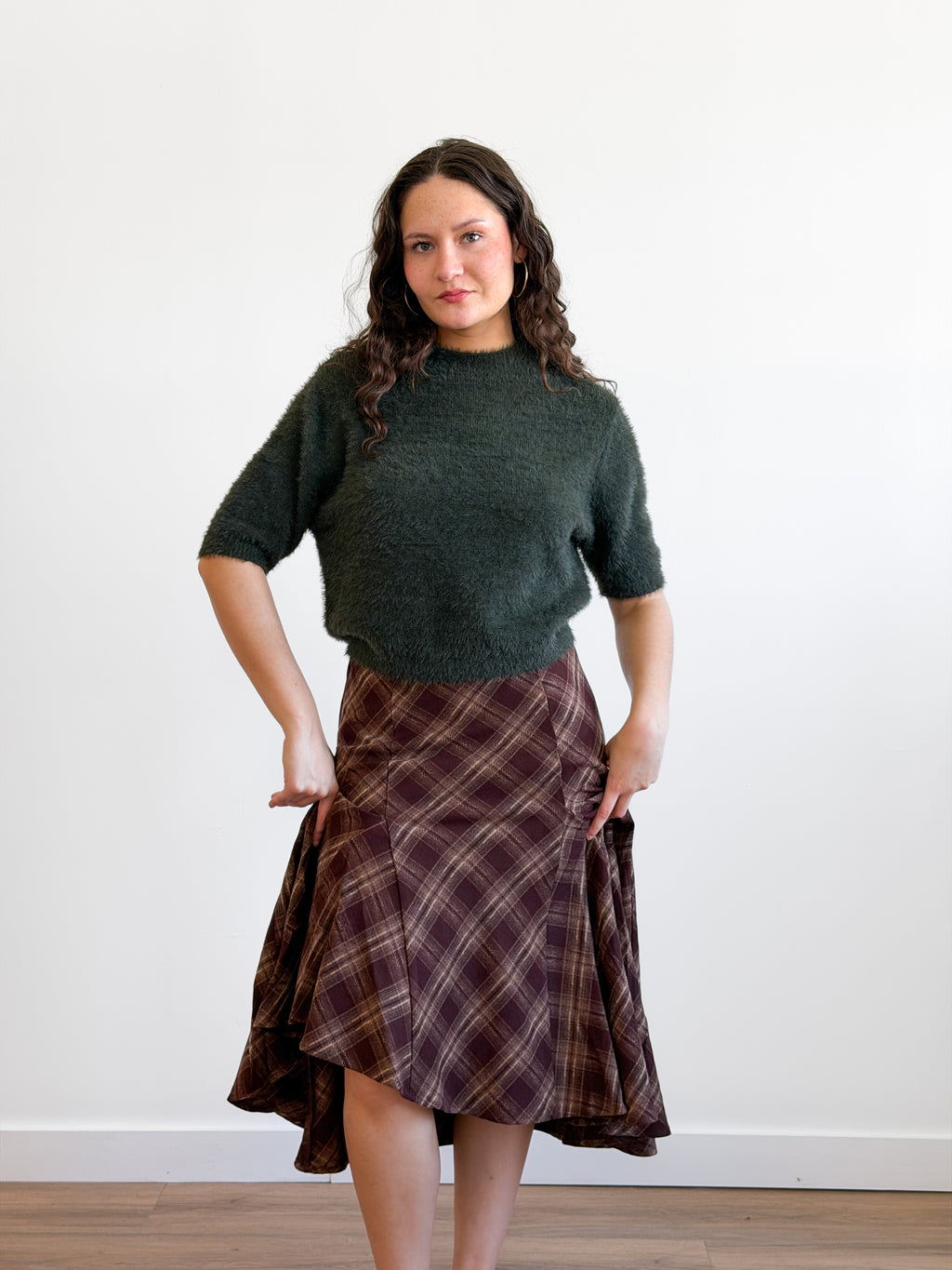 Lucy Paris Mikey Brown Plaid Asymmetrical Midi Skirt