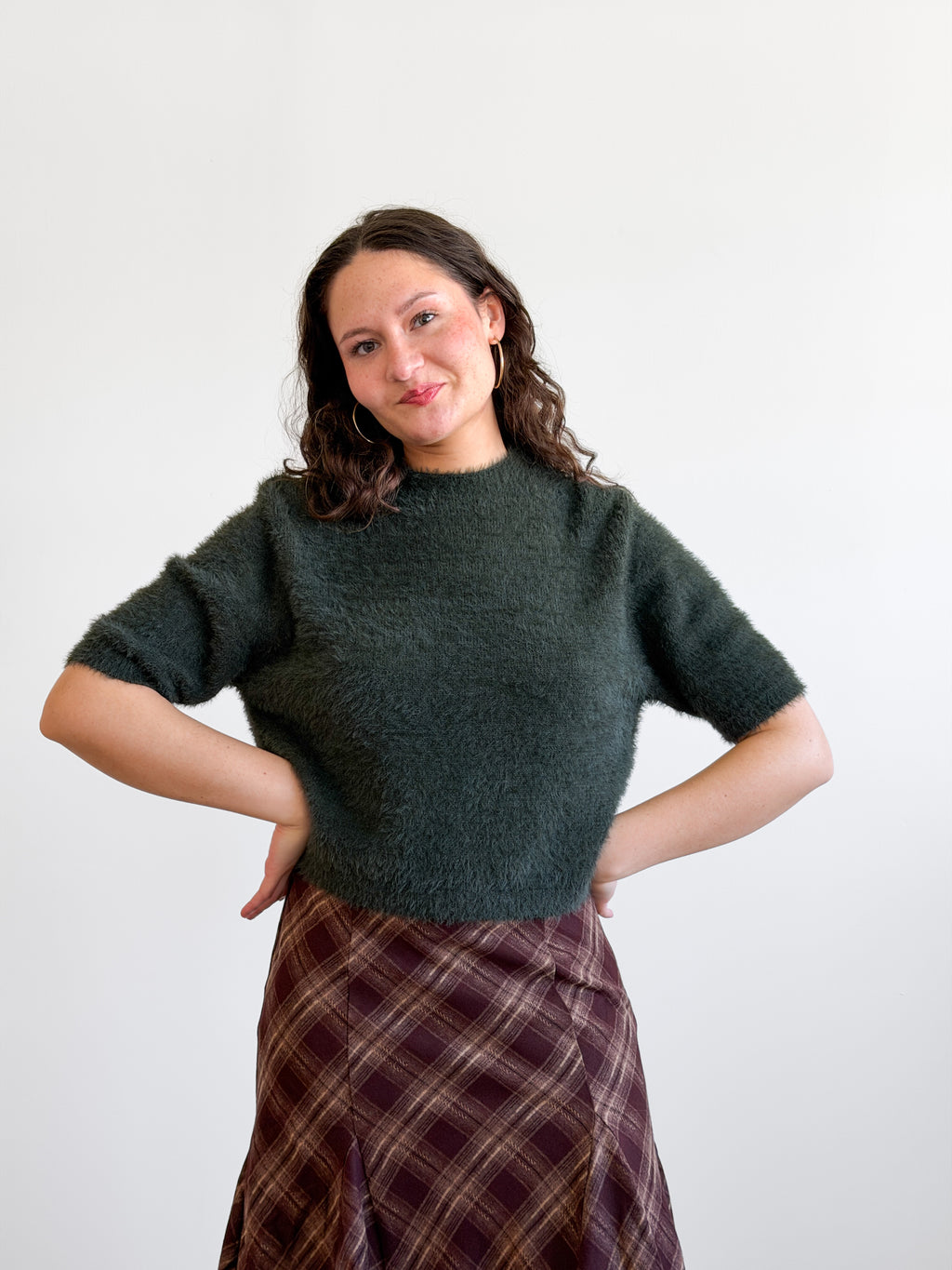 Miou Muse Ganni Faux Fur Cropped Sweater Top (Green)