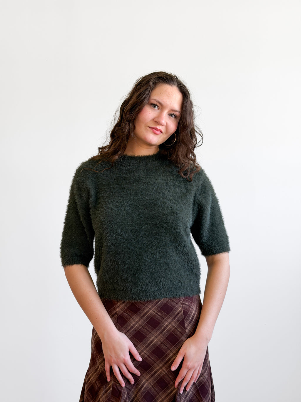 Miou Muse Ganni Faux Fur Cropped Sweater Top (Green)