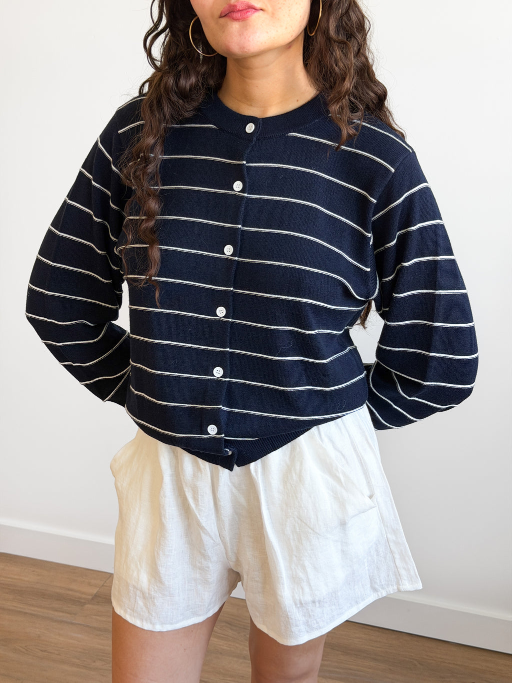 Elle Grey Georgie Navy Striped Button Front Cardigan Top