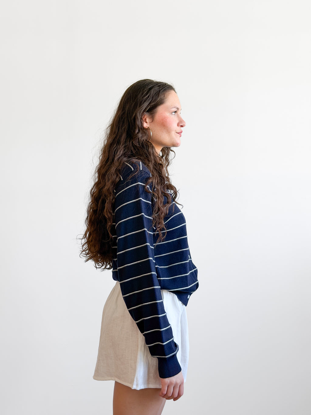 Elle Grey Georgie Navy Striped Button Front Cardigan Top